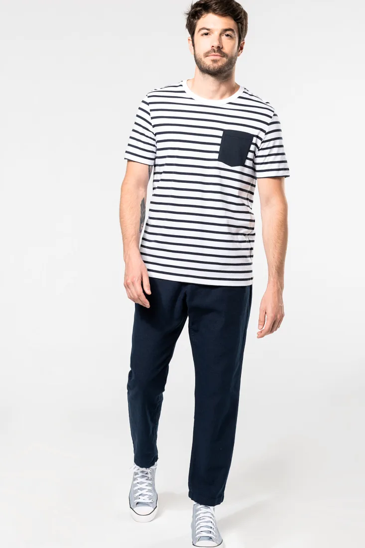 Gestreiftes Kurzarm-T-Shirt im Marine-Stil mit Tasche 2