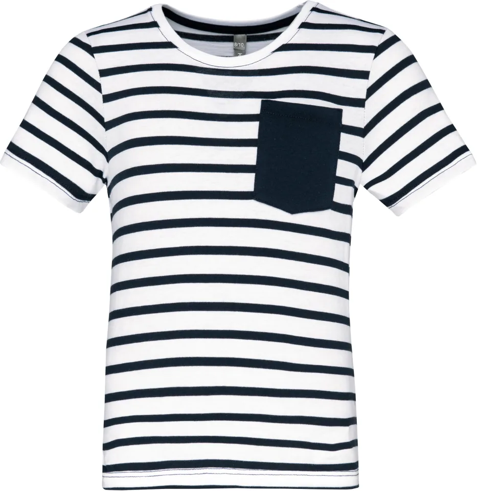 Gestreiftes Kurzarm-T-Shirt mit Tasche für Kinder im Marine-Stil