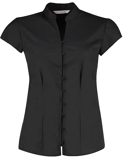 Poplin Contintental Blouse Mandarin Collar Cap Sleeve