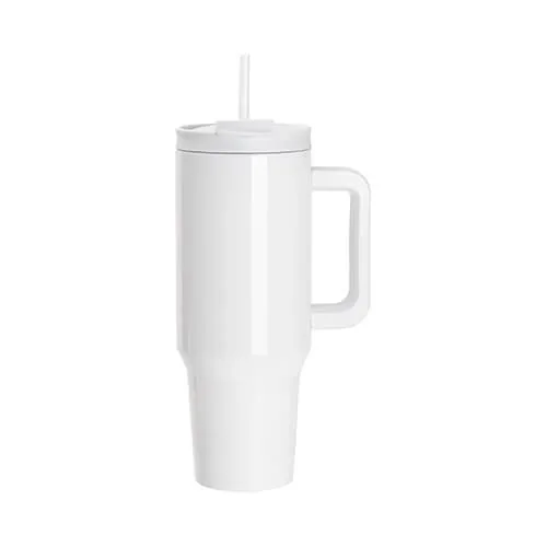 Becher 1200 ml, mit Strohhalm und hellgrauem Henkel