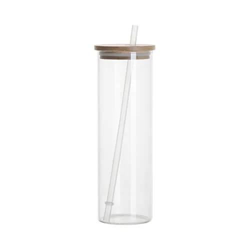 Glasbecher 600 ml, mit Bambusdeckel und Strohhalm