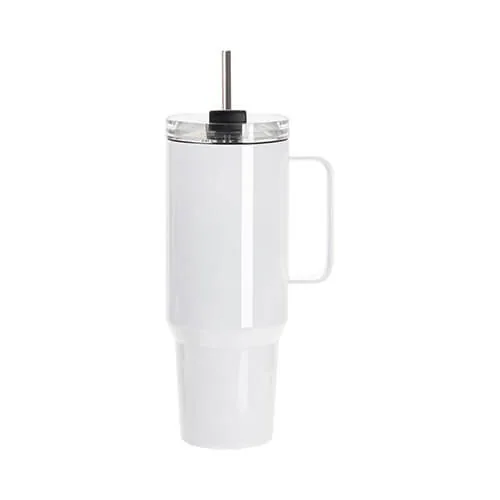 Becher, 1200 ml, Edelstahl, mit Verschluss, Griff und Trinkhalm