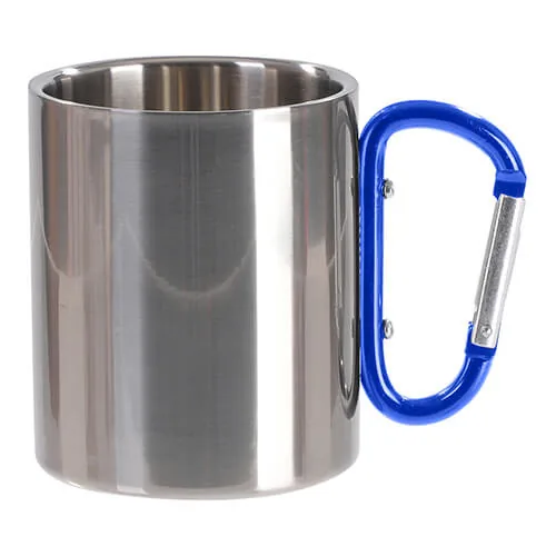 Becher 300 ml, Metall, mit farbigem Karabiner-Griff, Silber