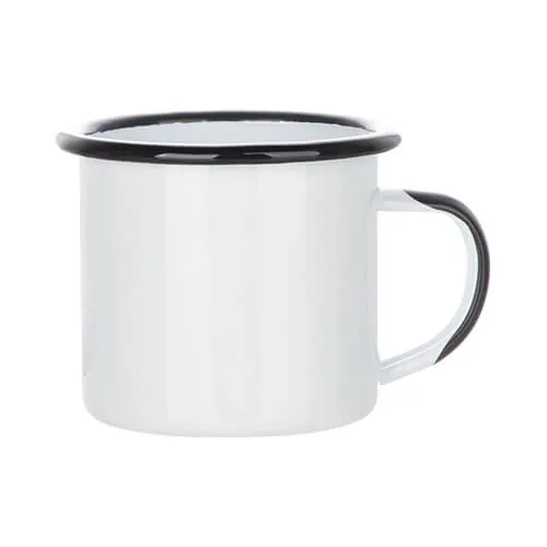 Becher 360 ml, Metall, emailliert, farbiger Rand und Griff