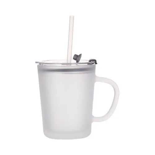 Becher 400 ml, Glas, Satiniert, mit Deckel und Halm
