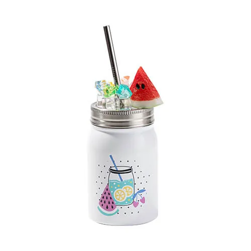 Becher, „Mason Jar“, 500 ml, mit Strohhalm, Deckel mit Deko-Eis „Melone“