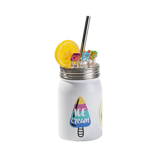Becher, „Mason Jar“, 500 ml, mit Strohhalm, Deckel mit Deko-Eis „Zitrone“