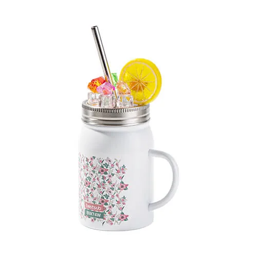 Becher, „Mason Jar“, 500 ml, mit Strohhalm, Griff und Deckel mit Deko-Eis „Melone“