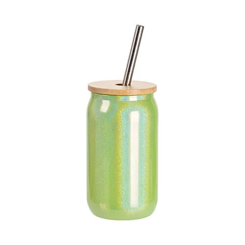 Glas, 400 ml, mit Deckel aus Bambus und Trinkhalm, Grüner Brokat