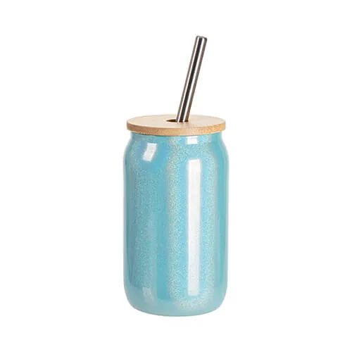 Glas, 400 ml, mit Deckel aus Bambus und Trinkhalm, Hellblauer Brokat