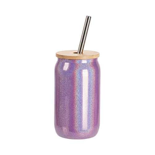 Glas, 400 ml, mit Deckel aus Bambus und Trinkhalm, Violetter Brokat