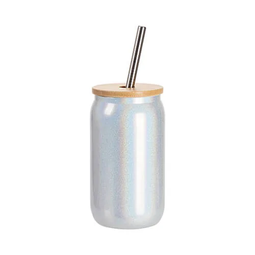 Glas, 400 ml, mit Deckel aus Bambus und Trinkhalm, Weißer Brokat