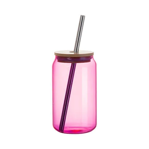 Glas 400 ml, mit Trinkhalm, mit Deckel aus Bambus