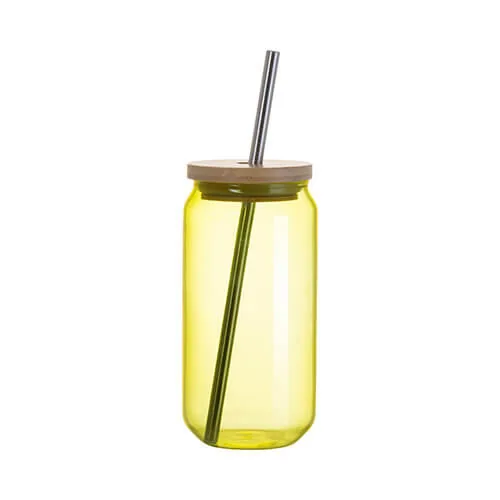 Glas 550 ml, mit Trinkhalm, mit Deckel aus Bambus