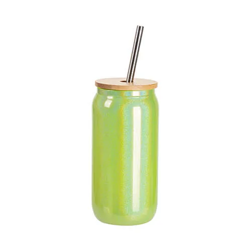 Glas, 550 ml, mit Deckel aus Bambus und Trinkhalm, Grüner Brokat