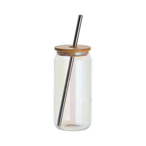 Glas, 550 ml, mit Deckel aus Bambus und Trinkhalm, schillernd