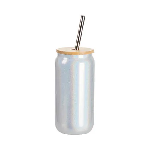 Glas, 550 ml, mit Deckel aus Bambus und Trinkhalm, Weißer Brokat