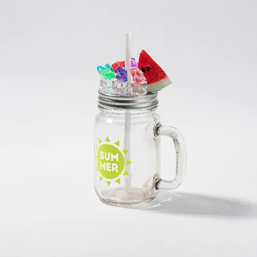 Glas mit Deckel, „Mason Jar“, mit Eis- und Früchtedeko, Melone