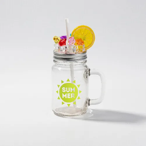 Glas mit Deckel, „Mason Jar“, mit Eis- und Früchtedeko, Zitrone