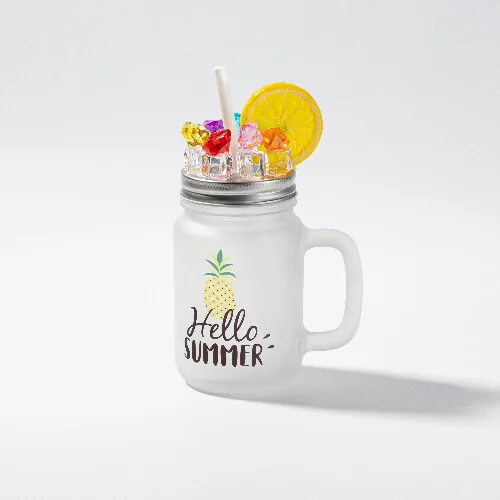 Glas mit Deckel, „Mason Jar“, Satiniert, mit Eis- und Früchtedeko, Zitrone