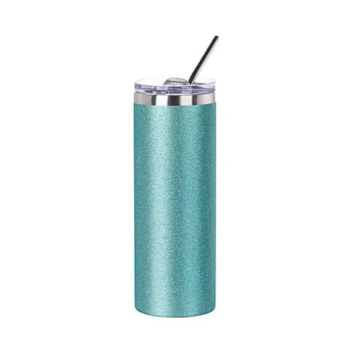 Tumbler-Becher, 600 ml, mit Trinkhalm, Hellblauer Brokat
